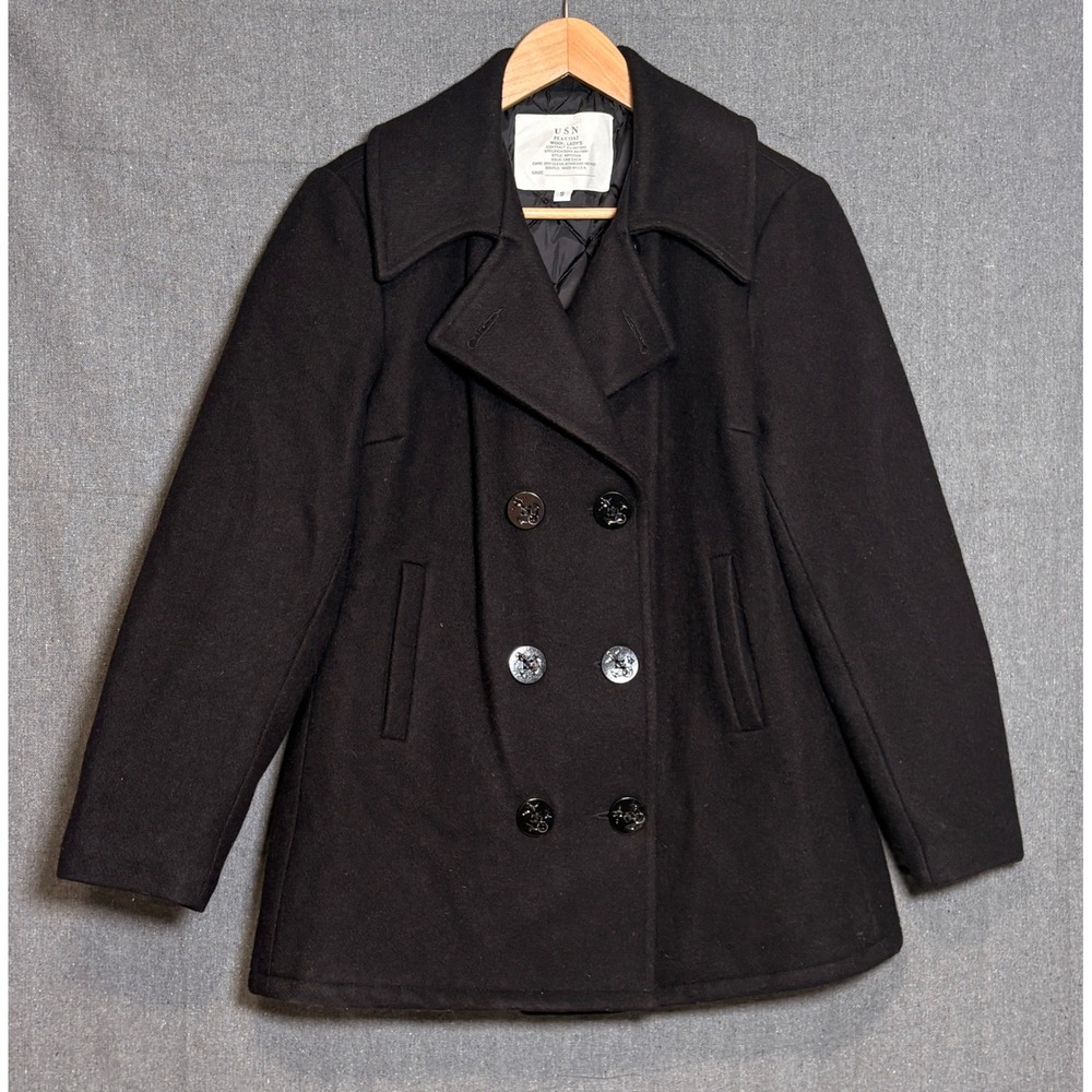 USN US Navy Pea Coat Womens Small Black Wool Double Breasted Military Jacket